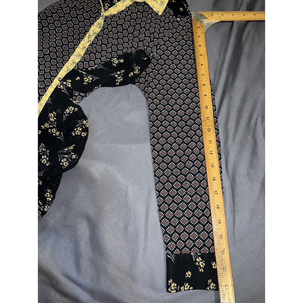 DR2 Womens Small Mixed Print Button Up Blouse Black Yellow Floral Geometric Top - Picture 7 of 10